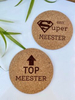 Set onderzetters kurk meester met tekst